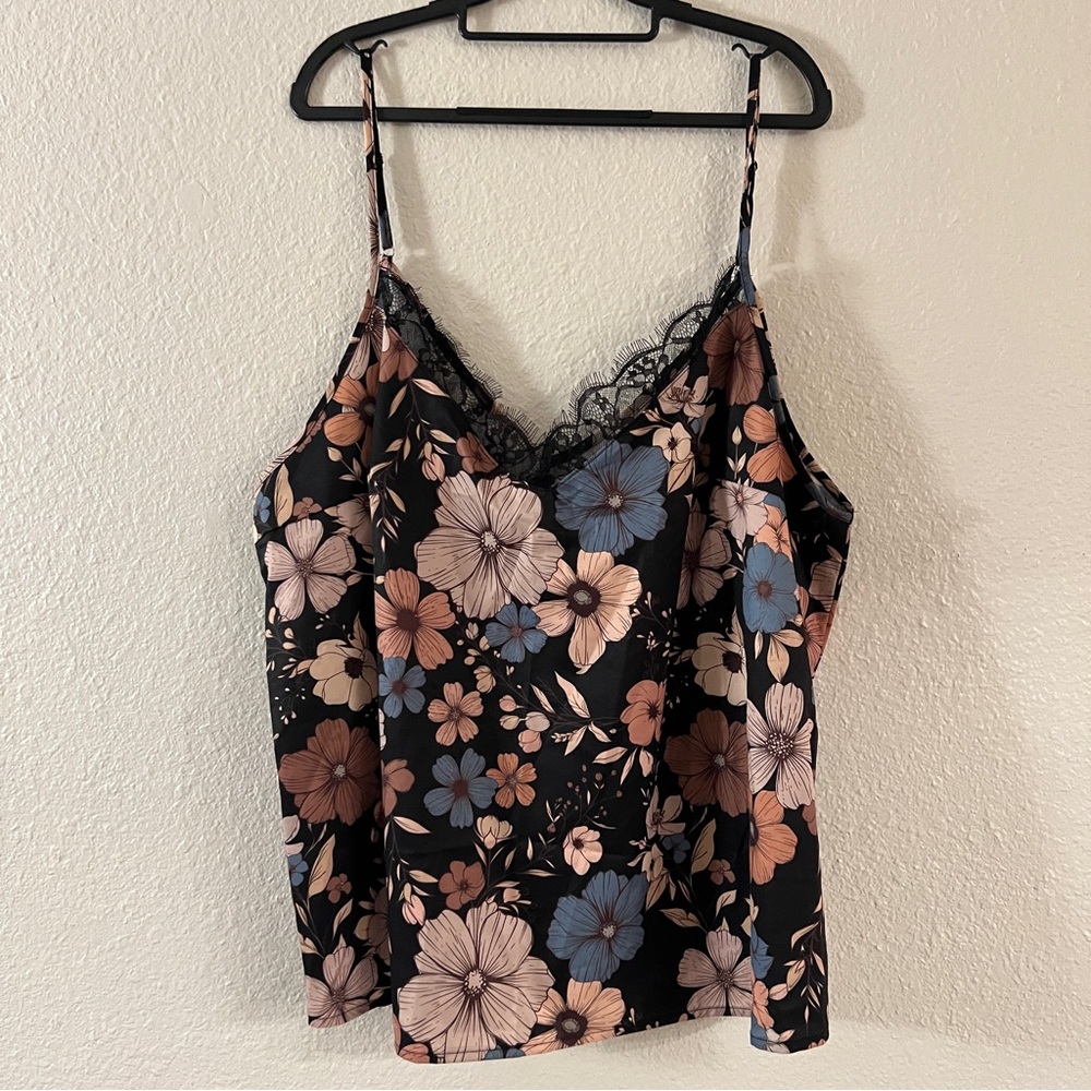 Black Floral Cami with Lace Detail